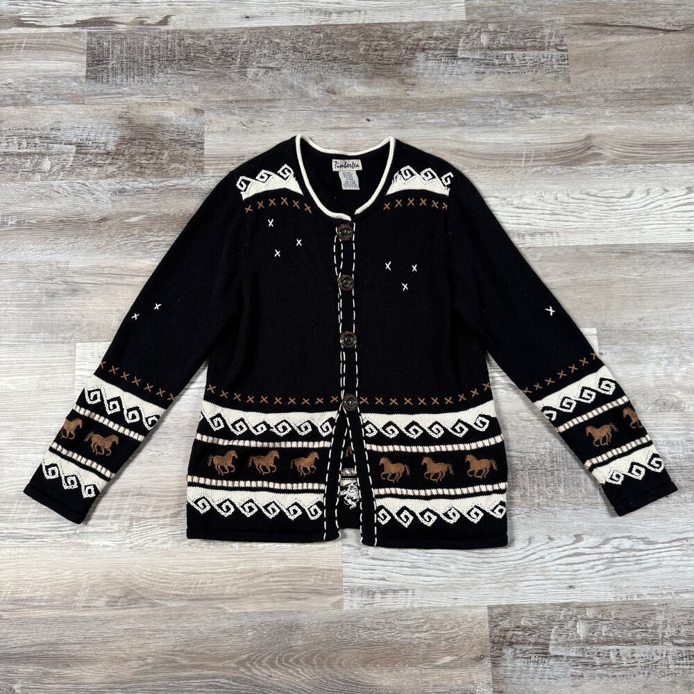 Vintage Timberlea Horse Cardigan Black Equestrian Knit Sweater Large 90s Western